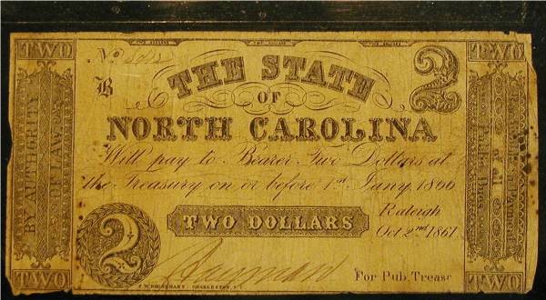 1861 CW Two Dollar North Carolina Bill: 1861 Civil War Two Dollar North Carolina Bill