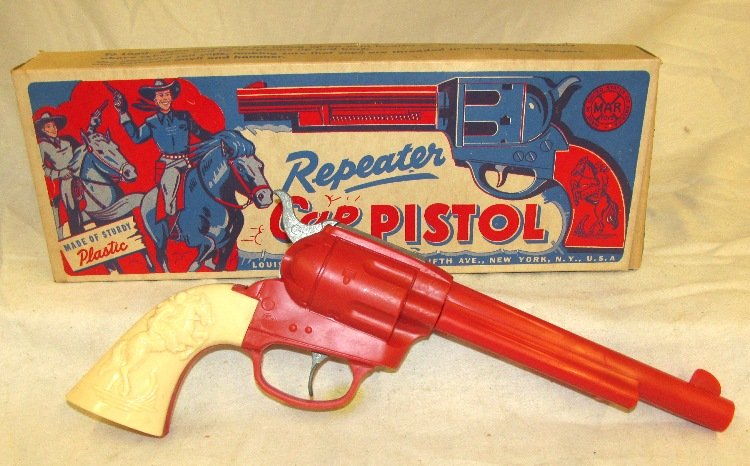 Marx Repeater Cap Pistol. New Old Stock. Very Detailed: Marx Repeater Cap Pistol. New Old Stock. Very Detailed Pistol. Mint in Box. Box has great cowboy graphics.