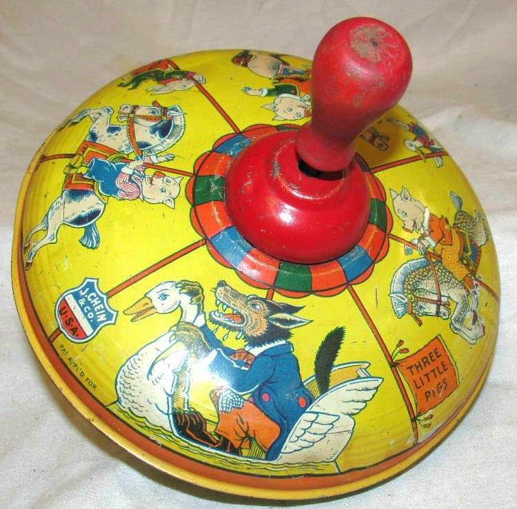 RARE Chein Tin Litho. Three Little Pigs Spinning Top.: RARE Chein Tin Litho. Three Little Pigs Spinning Top. Early with Beautiful Graphics, Very Good Condition