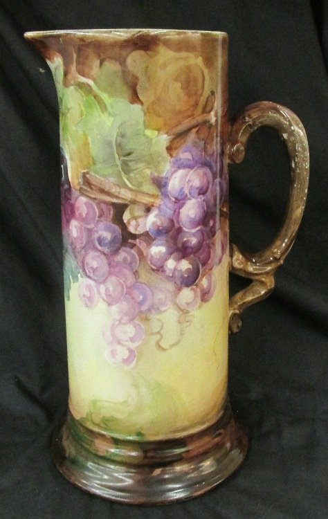 JP limoges Tall Porcelain Painted Grapes Tankard: JP limoges Tall Porcelain Painted Grapes Tankard Pitcher Green Gold Purple, 12"H x 6" Dia., EC