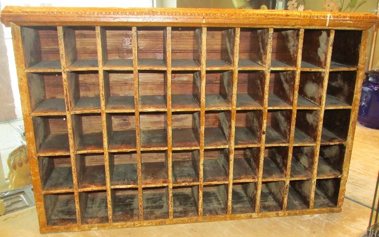 Antique Oak Carved Trim 50 Bin Primitive Cabinet,: Antique Oak Carved Trim 50 Bin Primitive Cabinet, 33 x 21 x 7" Deep, EC