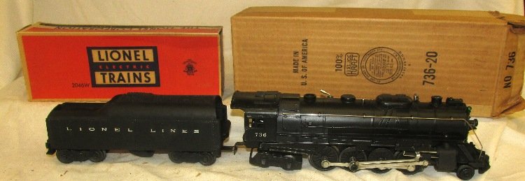 Lionel #736 Engine & #2046W Tender with Boxes: All Original and complete with original Boxes. Excellent