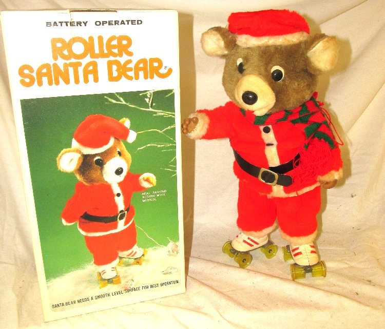 Vintage SuperFine Battery Operated Roller Santa Bear Sk: Vintage SuperFine Battery Operated Roller Santa Bear Skating Scarf Teddy with Box, EC