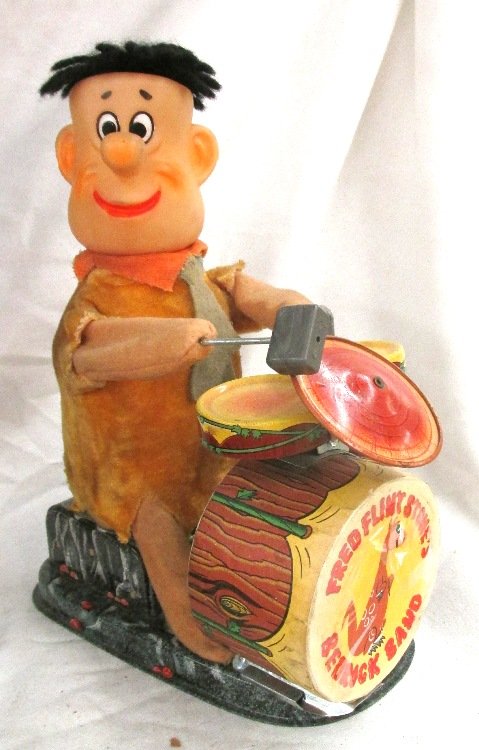 1960s Fred Flintstone Bedrock Band Alps Battery: 1960s Fred Flintstone Bedrock Band Alps Battery Operated Tin Toy, Works, EC