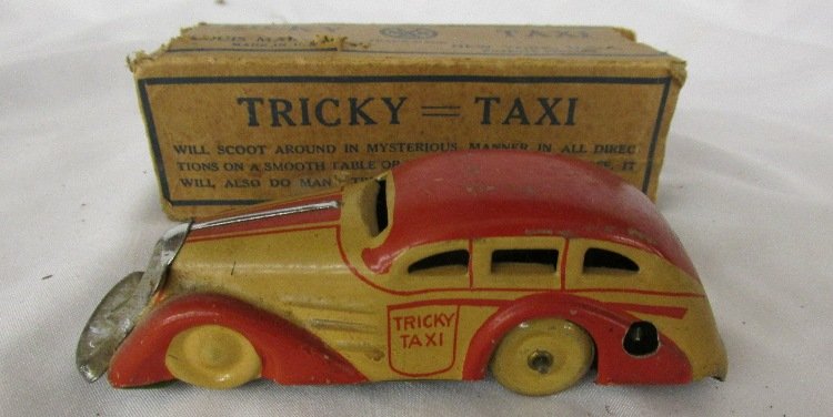 Tin Marx Tricky Taxi Limo LM0771 Wind Up Toy Taxi Cab: Tin Marx Tricky Taxi Limo LM0771 Wind Up Toy Taxi Cab with Box, 4 1/2"L, EC, Box Missing End Flaps
