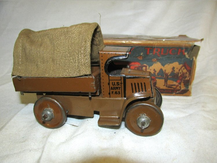 MARX Tin Flywheel Drive BULLDOG MACK ARMY TRUCK: All original and complete. With Rare original box. Scarce Toy. Excellent