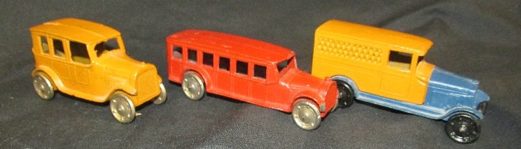 3- 1930s TOOTSIE TOYS VEHICLES: Includes Railway Truck, Bus, and Sedan. All original. Excellent