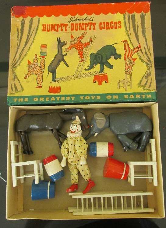 SCHOENHUT HUMPTY DUMPTY CIRCUS SET w/Box: Scarce Set!! Includes Clown, Elephant, Donkey, Ladders, Chairs, and Barrels. With original Box. Near Mint