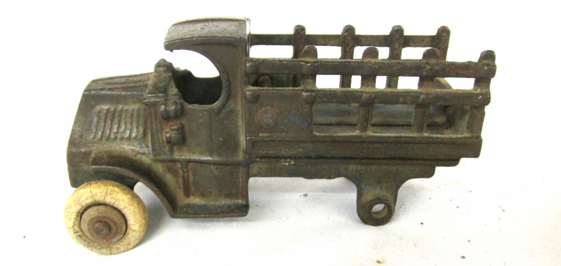 Cast Iron Mack Stake Truck, 4 1/4"L, Missing Rear Tires: Cast Iron Mack Stake Truck, 4 1/4"L, Missing Rear Tires and Axiles, EC