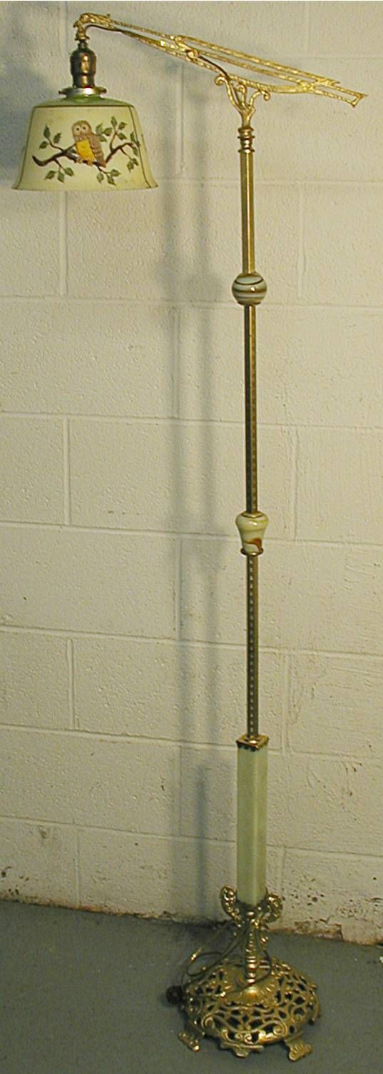 Eagle Crested Arch Floor Lamp with Agate & jadite: Eagle Crested Arch Floor Lamp with Agate & jadite and Painted Owl Shade, 63" H