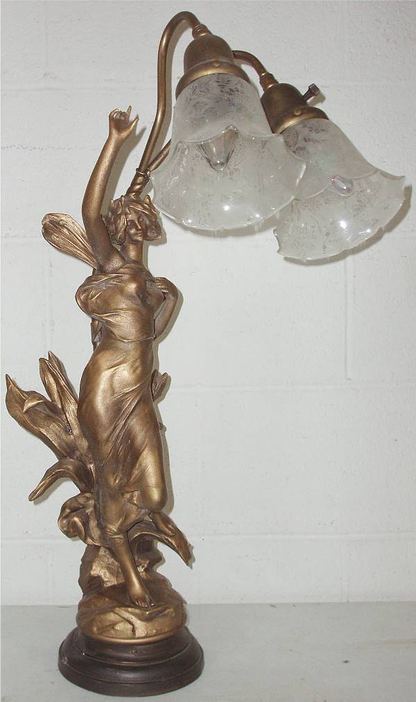 Signed J. Causse 28H Winged Fairy Double Shaded L: Signed J. Causse 28H Winged Fairy Double Shaded Lamp, No Wiring, Excellent Condition