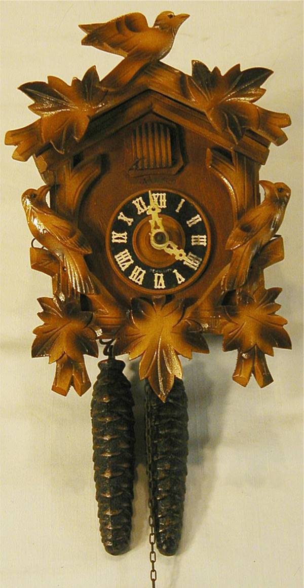 Cuckoo Clock, Heco, Germany: Cuckoo Clock, Heco, Germany, Missing Pendulum and One Chain, 6 W x 8 1/2 H x 5 D
