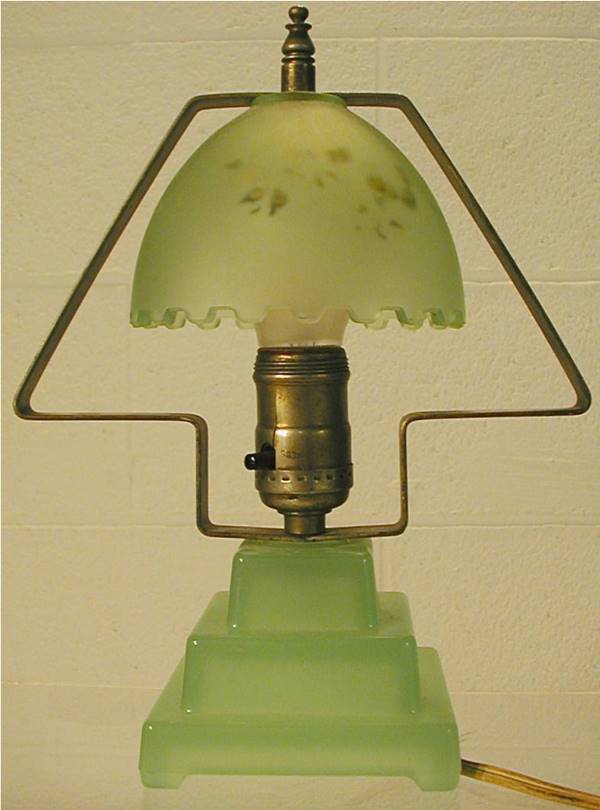 Jadite Color Boudoir Lamp with Reverse Painted Fl: Jadite Color Boudoir Lamp with Reverse Painted Flowers, 7 1/2 W x 10 H, Excellent Condition
