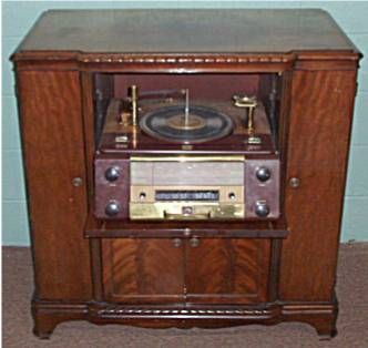 Victor Burled Mahogany Floor Model Radio: Victor Burled Mahogany Floor Model Radio and Record Player, Top Needs Refinishing