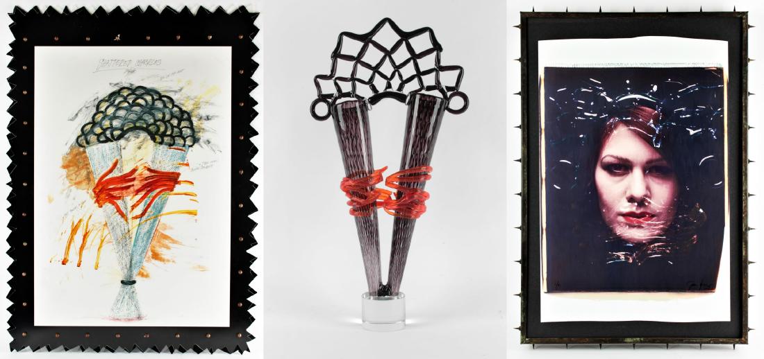 Borek Sipek (1949-2016): The set of three objects by the world-famous architect and designer Borek Sipek incliding vase, vase design and photography. Qiu Jin - Shattered Shackles, year 2015 Glass vase, hand made, bohemian cry