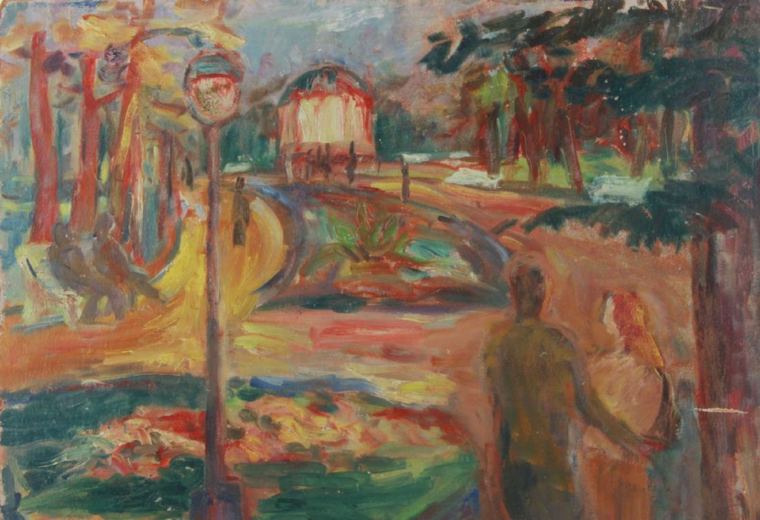Gröger Kurt (1905-1952): Lovers in the Park, after year 1924, oil on strong cardboard, dimensions of the painting 46 x 66,5 cm, not signed, oil painting by Olomouc painter Jidrich Lenhart (1878 - 1955) with landscape motif on