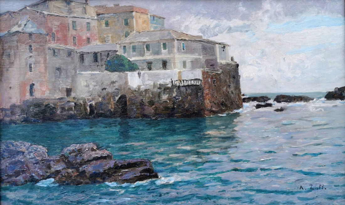 Alfred Zoff (Austrian, 1852 – 1927): Alfred Zoff (Austrian, 1852 – 1927), Title: Boccadasse near Genoa, Date: end of 19th century / early 20th century, Technique: oil, canvas on cardboard, Signed: bottom right A. Zoff and partially rep