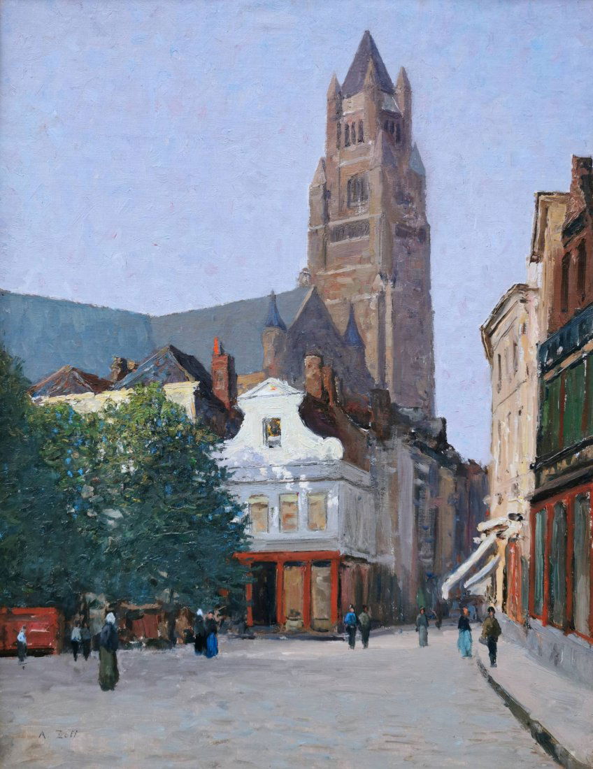 Alfred Zoff (Austrian, 1852 – 1927): Alfred Zoff (Austrian, 1852 – 1927), Title: Rue des Pierres and Sint-Salvatorskathedraal in Bruggy, Date: end of 19th century / early 20th century, Technique: oil, canvas on cardboard, Signed: botto