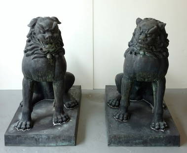 Pr 400lb 3ft Bronze 20C Japanese Temple Foo Dog Statues: ONLINE ONLY EVENT! NO RESERVES ABOVE STARTING BIDS! Pair of 3 ft. high cast bronze post WWII Japanese temple foo lion dog sculptures with attached plinth bases, each statue weighing the better part