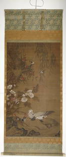 Large 4ft Image Antique Japanese Meiji Scroll Painting: ONLINE ONLY EVENT! NO RESERVES ABOVE STARTING BIDS! Large over 4ft image height antique Japanese Meiji or Chinese Qing circa 19C ink and gouache on silk painted scroll featuring ducks and other birds