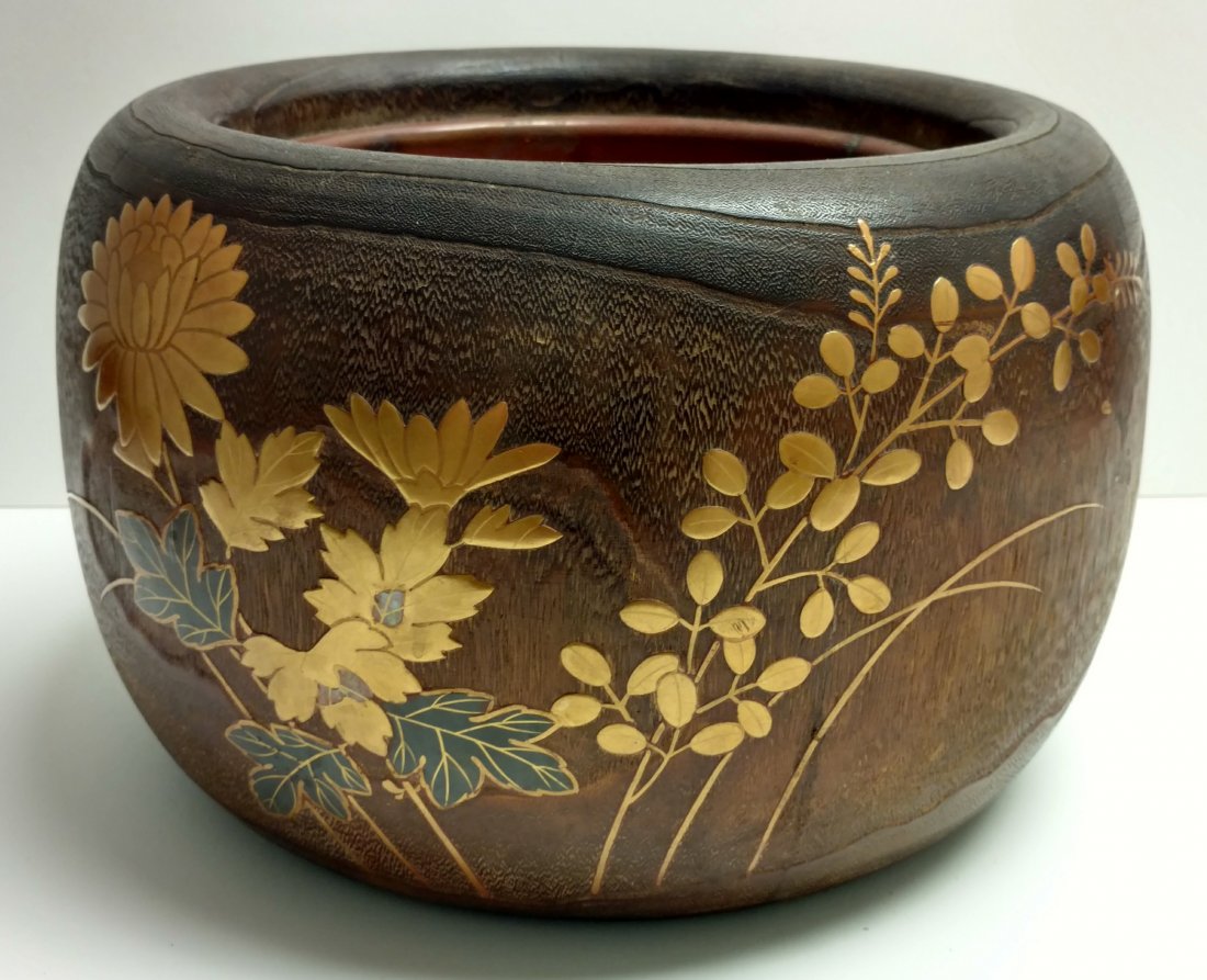Signed Japanese Meiji Gilt Lacquer Shibayama Hibachi 2: ONLINE ONLY EVENT! NO RESERVES ABOVE STARTING BIDS! 2nd of 2 Separate Lots Signed Antique Japanese Meiji Elm, Zelkova or Related Wood Gilt Lacquer Abalone Inlaid Shibayama Hibachi Late Meiji circa lat