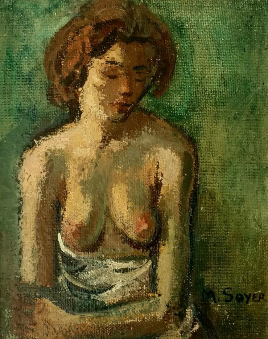Moses Soyer Seated Female Nude Social Realist Portrait: ONLINE ONLY EVENT! NO RESERVES ABOVE STARTING BIDS! Moses Soyer Seated Female Nude Social Realist Portrait SOYER, Moses (Russian American, 1899-1974): Seated Female Nude, oil on masonite, 13 inches h.