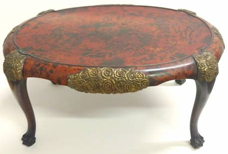 Maison Franck Oval Inlaid Art Deco Coffee Table: Maison Franck Carved Mahogany, Giltwood and Shell Inlay Belgian Oval Coffee Table: Stamped FRANCK FRERES, 12 Exemplaires and stenciled 32906 with faint paper label remnant adjacent to stamp. This appe