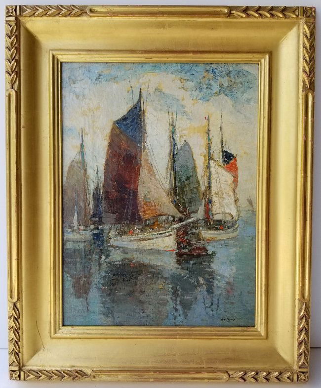 Paul King Marine Harbor Sailboat Seascape: Paul King Marine Harbor Sailboat Seascape KING, Paul B. (American, 1867-1947): "Concarneau Harbor", oil/canvas, 16" x 12" (stretcher measurement 16 1/4" x 12 1/8" with typical expansion), 22 1/4" x 18
