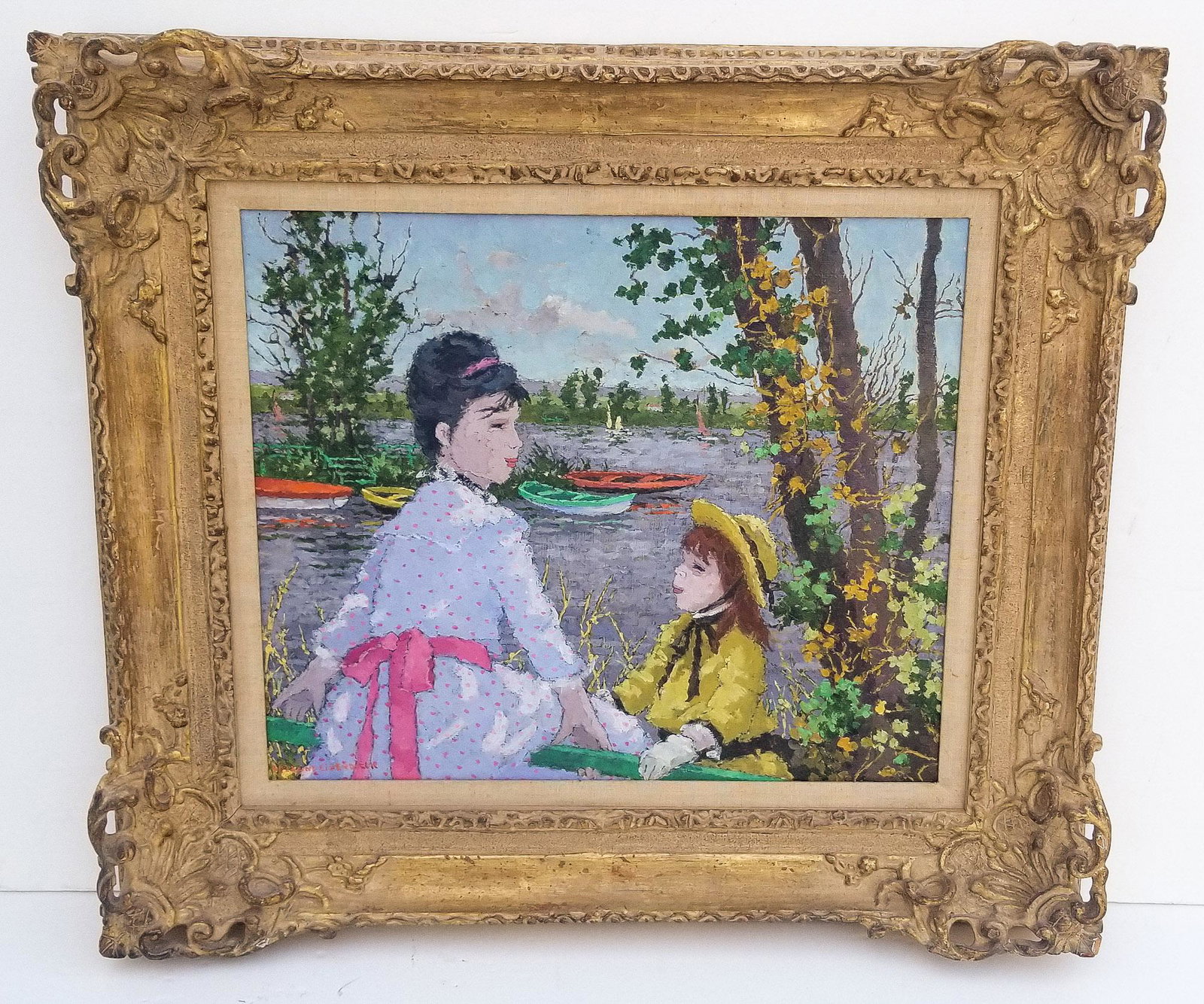 Suzanne Eisendieck French Impressionist Oil: Suzanne Eisendieck French Impressionist Oil Embarcadere a Sannois, oil on canvas, 18.4 x 21.8 inches, 27.3 x 30.5 x 3.5 inches framed, signed lower left, titled verso, Paris American Art Co. stamp ver