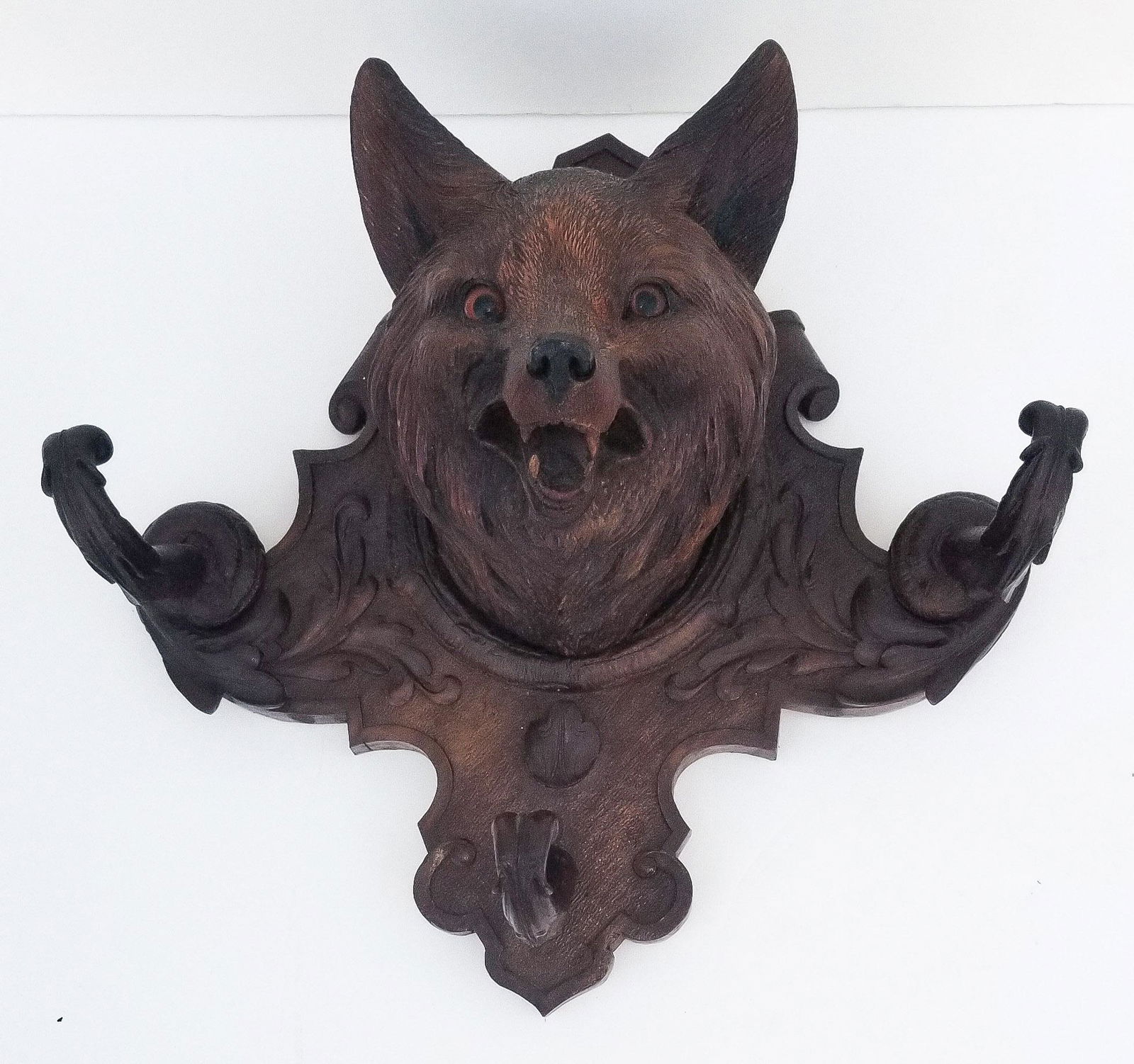 Black Forest Carving 3 of 20: Black Forest Carving 3 of 20. Fox Wall Hat Coat Rack. Carved wood with inset glass eves. Warm patina. 12 x 13.4 x 6 inches. Provenance: This German Austrian Swiss Bavarian Alpine figural carving is on