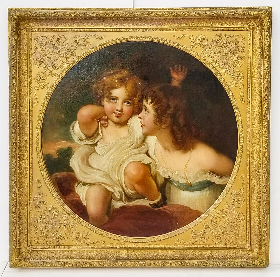 After Sir Thomas Lawrence Portrait: After Sir Thomas Lawrence Portrait of the Calmady Children aka Nature, oil on canvas, 30 inches tondo diameter, 40.3 x 40.3 x 3 inches framed. Gilt frame with gilt liner. Provenance: A Southern collec