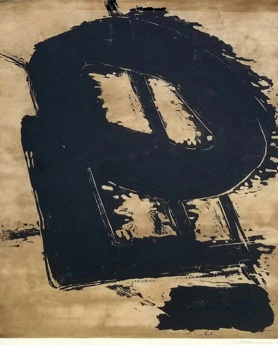 Sam Glankoff Character Abstract Museum Prov: Sam Glankoff Character Abstract Museum Prov, Estate Number PP 1019 71, 1971 mixed media painted printed composition, ink and casein on japanese paper, 26.125 x 19.5 inches, signed lower right and date