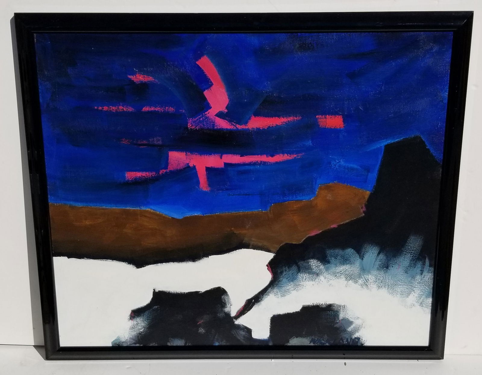 Wickland or Michelle Wickland Sims Oil: Wickland or Michelle Wickland Sims Oil, Abstract, signed lower right and dated 69, inscribed WICK both patially obscured verso, oil on TARA Atlanta stretchers, 30 x 35.75, 33 x 38.75 x 1.25 inches fra