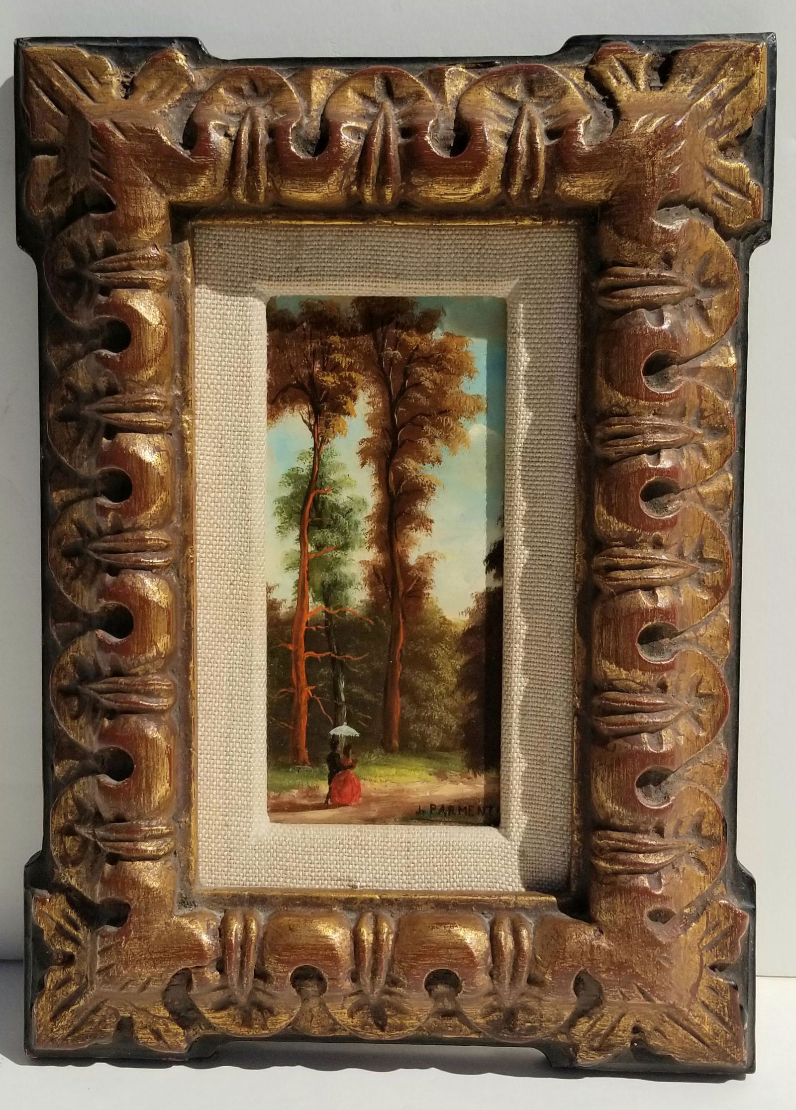 J Parmenti Path Landscape Miniature Oil: J Parmenti Path Landscape Miniature Oil, oil on masonite, 6 x 3.125 inches, 10.5 x 7.625 x 1.25 inches framed, signed lower right, inscribed W3847 verso, framed, CXES43.