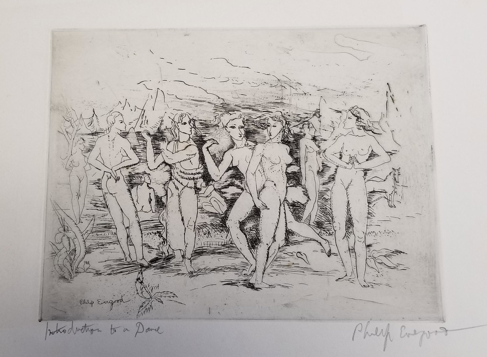 Philip Evergood Nudes Dance Etching: Philip Evergood Nudes Dance Etching, ballet figural composition with nude dancers in a landscape, etching on Rives paper, 8 x 10.5 inches, 13 x 15 inch sheet, signed as part of the printed image lower