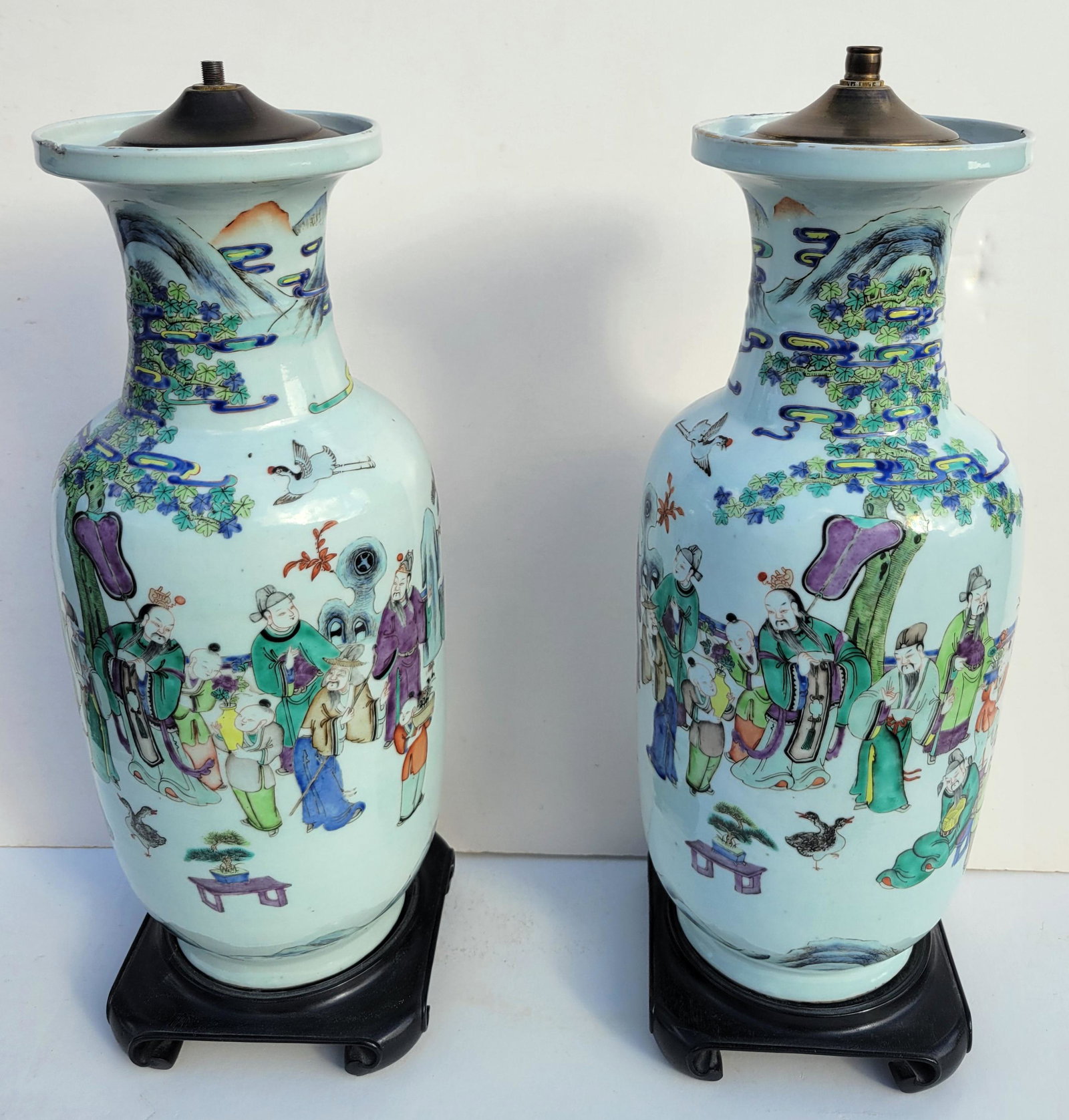 Pair Chinese Qing Tall Famille Verte Vase Lamps (1 of 20)