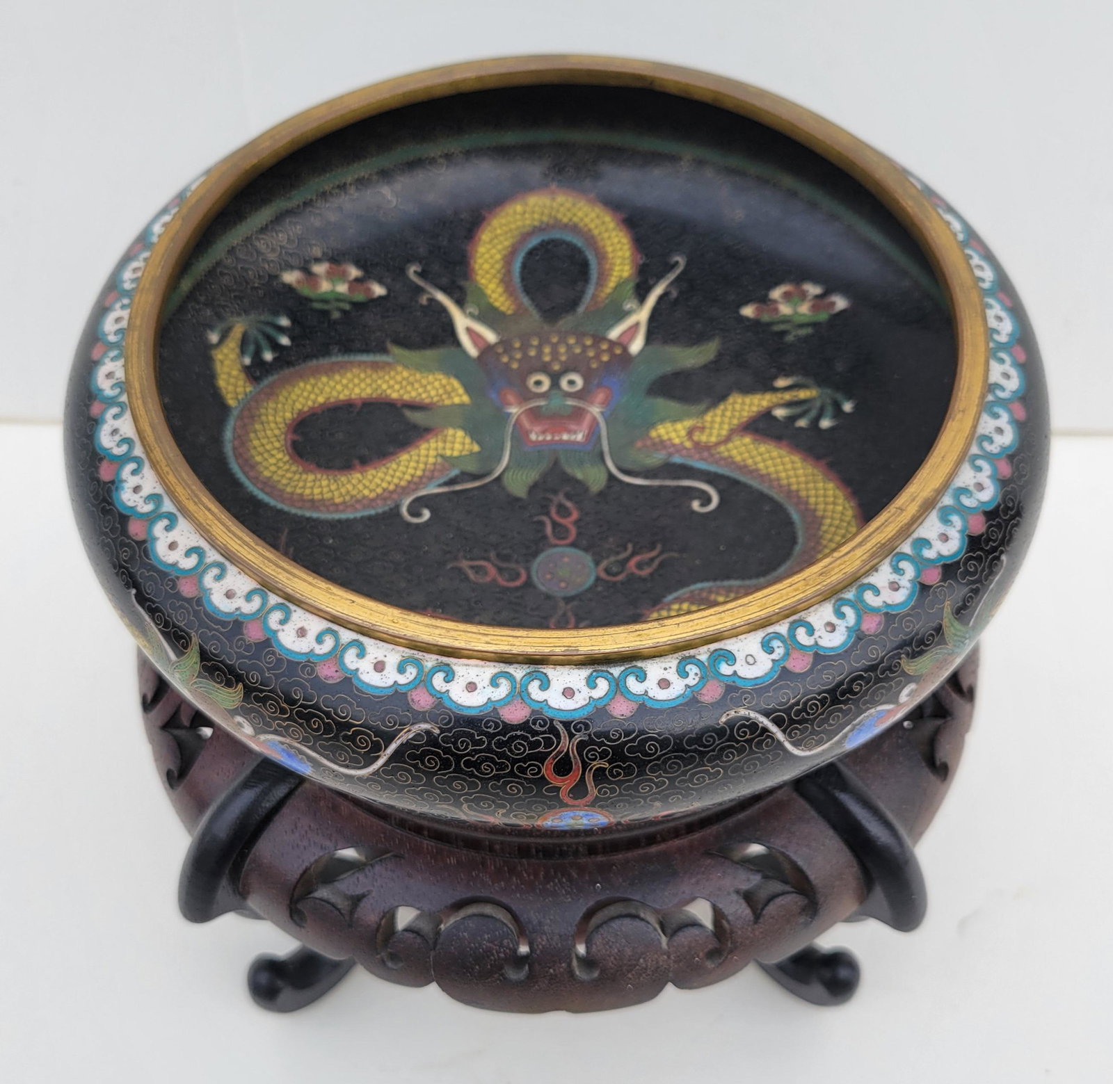 Signed Chinese Qing Cloisonne Dragon Bowl (1 of 3)