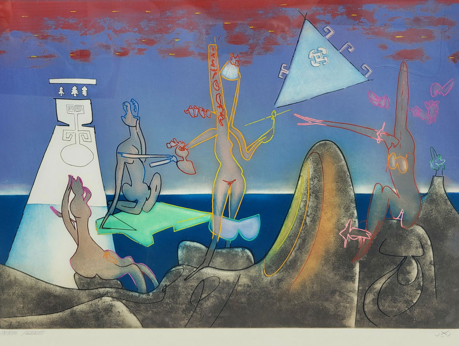 Roberto Matta 1975 4am Aquatint Ed185 Signed: Roberto Matta 1975 4am Aquatint Ed185 Signed, Four Am From L Arc Obscur Des Heures 1975 Huge, Chilean Surrealist, 19.25 x 27 inch plate, 23 x 29.25inches visible within mat, 28.625 x 35.125 x 1.625 in