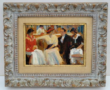 Elie Anatole Pavil Montmartre French Oil 4 of 4: Elie Anatole Pavil Montmartre French Oil 4 of 4, Cafe Scene that is insribed indicating this was a study for a Salon exhibition piece, Ukrainian French artist active in the Paris cafe scene in the ear