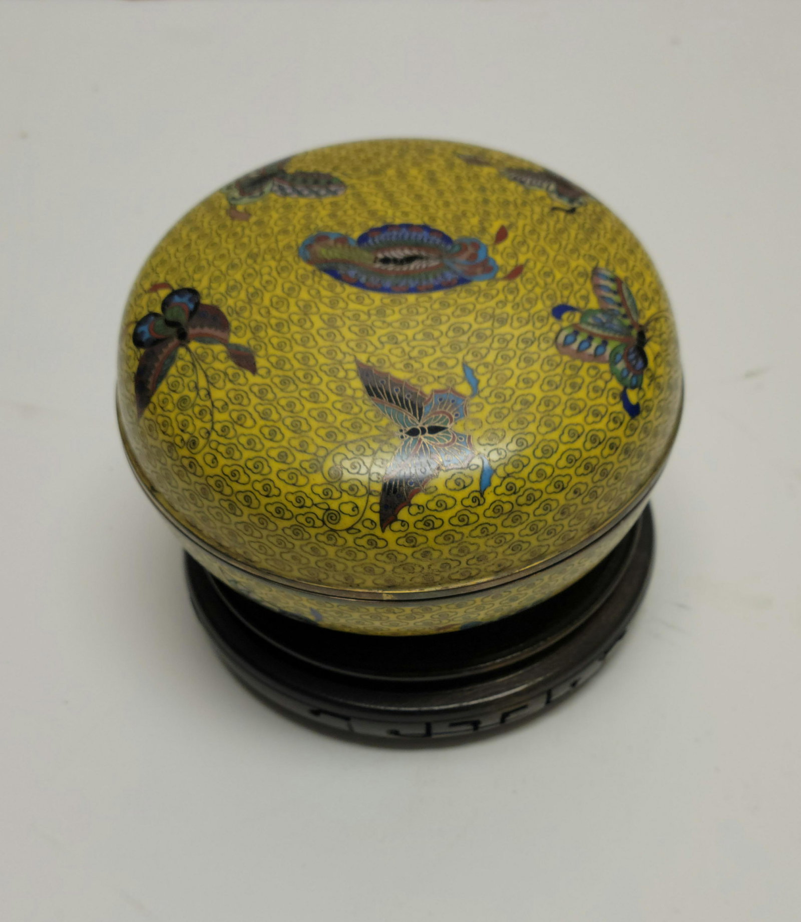 Antique Chinese 4.75 Inch Gilt Cloisonne Enamel Round Lidded Butterfly Box Brass or Bronze (1 of 3)