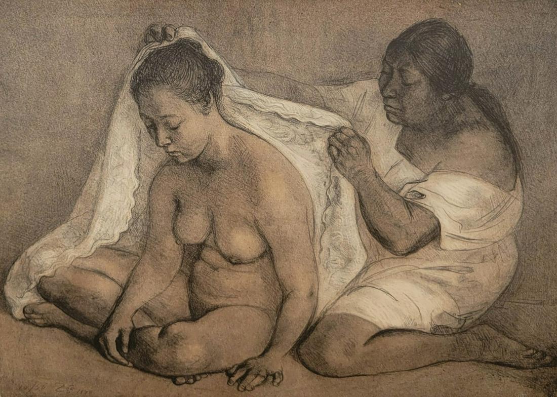 Francisco Zuniga La Novia Signed Lithograph Ed70 1978: Francisco Zuniga La Novia Signed Lithograph Ed70 1978, young female nude bride with attendant, 17.25 x 23.5 inches, 28 x 32.75 x 2 inches framed, numbered 18 of 70, signed and dated 1978 lower left, a