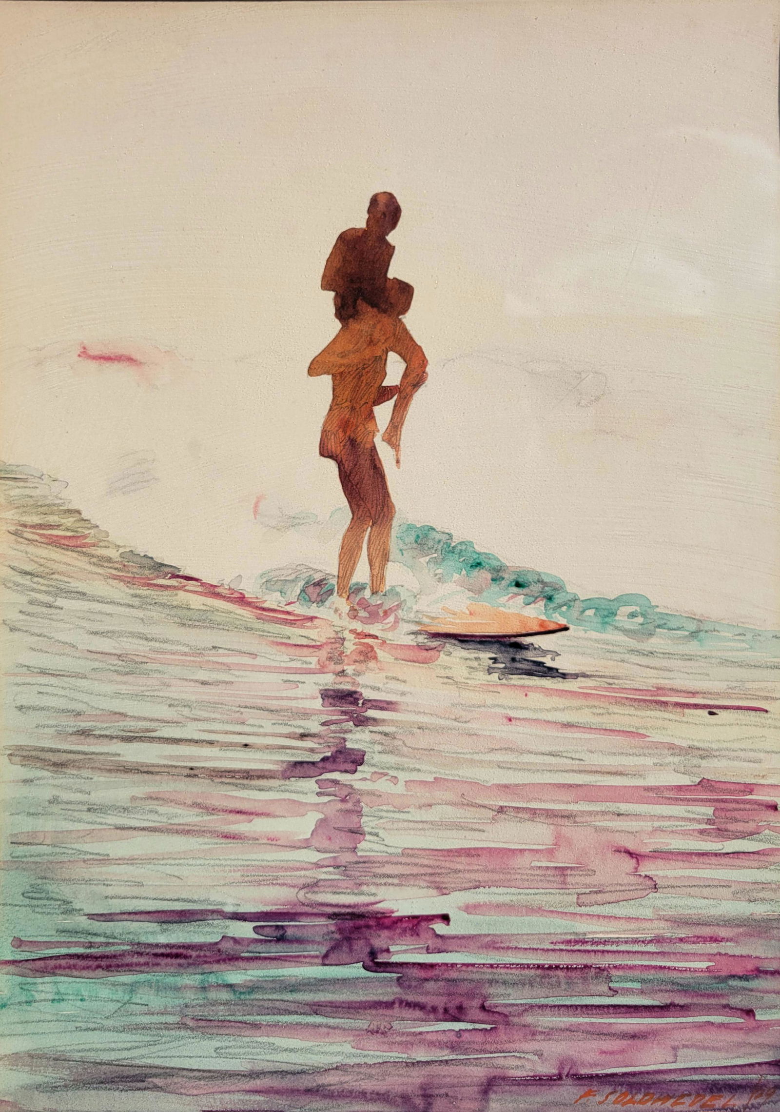 Vanderbilt Estate Frederick Soldwedel 1929 Surfing WC: Vanderbilt Estate Frederick Soldwedel 1929 Surfing WC, watercolor painting by California, Bahamas and Florida artist, watercolor and pencil, 20.5 x 14.5 sight, 33.375 x 26.875 x 0.75 inches framed, si
