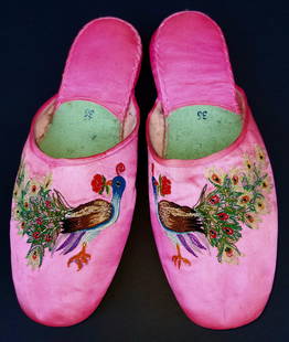 Vanderbilt Estate Pink Satin Peacock Slippers: Vanderbilt estate pink satin peacock slippers. One of several lots of soiree costumes, dresses and gowns worn by Gertrude Vanderbilt Whitney and descendents. Unless otherwise indicated the garments