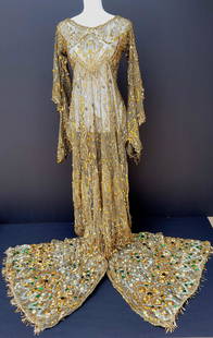 Vanderbilt Estate Large Art Deco Heavy Beaded Dress Sequin Paste Jewel Mesh Applique Trailing Leg: Gertrude Vanderbilt Whitney Vanderbilt estate large Art Deco heavy beaded dress sequin paste jewel mesh applique trailing leg jumpsuit legged Damascus style gilt thread dress. One of several lots of s