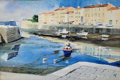 Vanderbilt Estate Mystery Signed Harbor Watercolor Illegible Indistinct Monogram Possibly California (1 of 4)