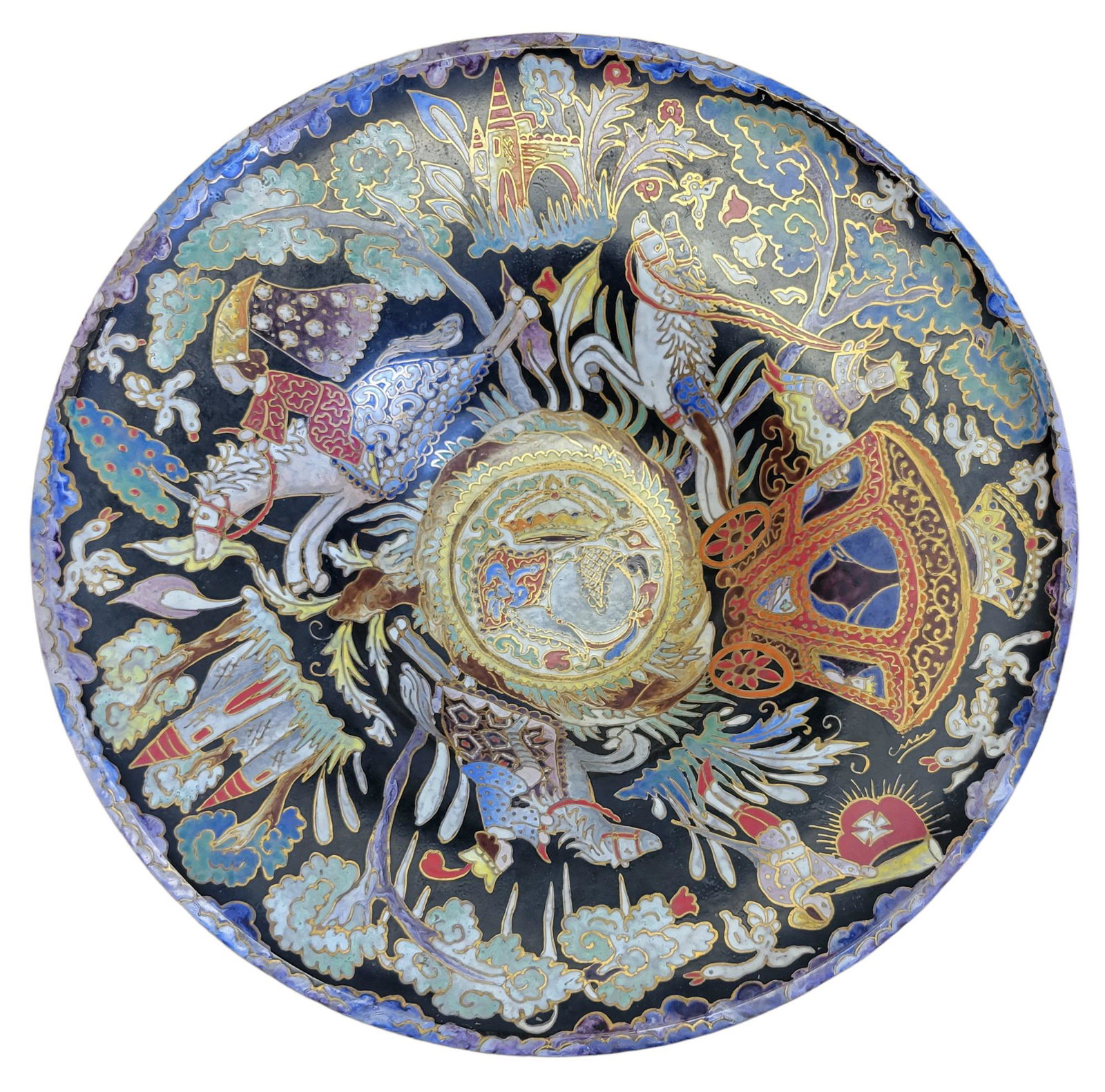 Spectacular Large Czech Art Deco Enamel Art Glass Medieval Motif Centerpiece Bowl Exhibition Grade (1 of 9)