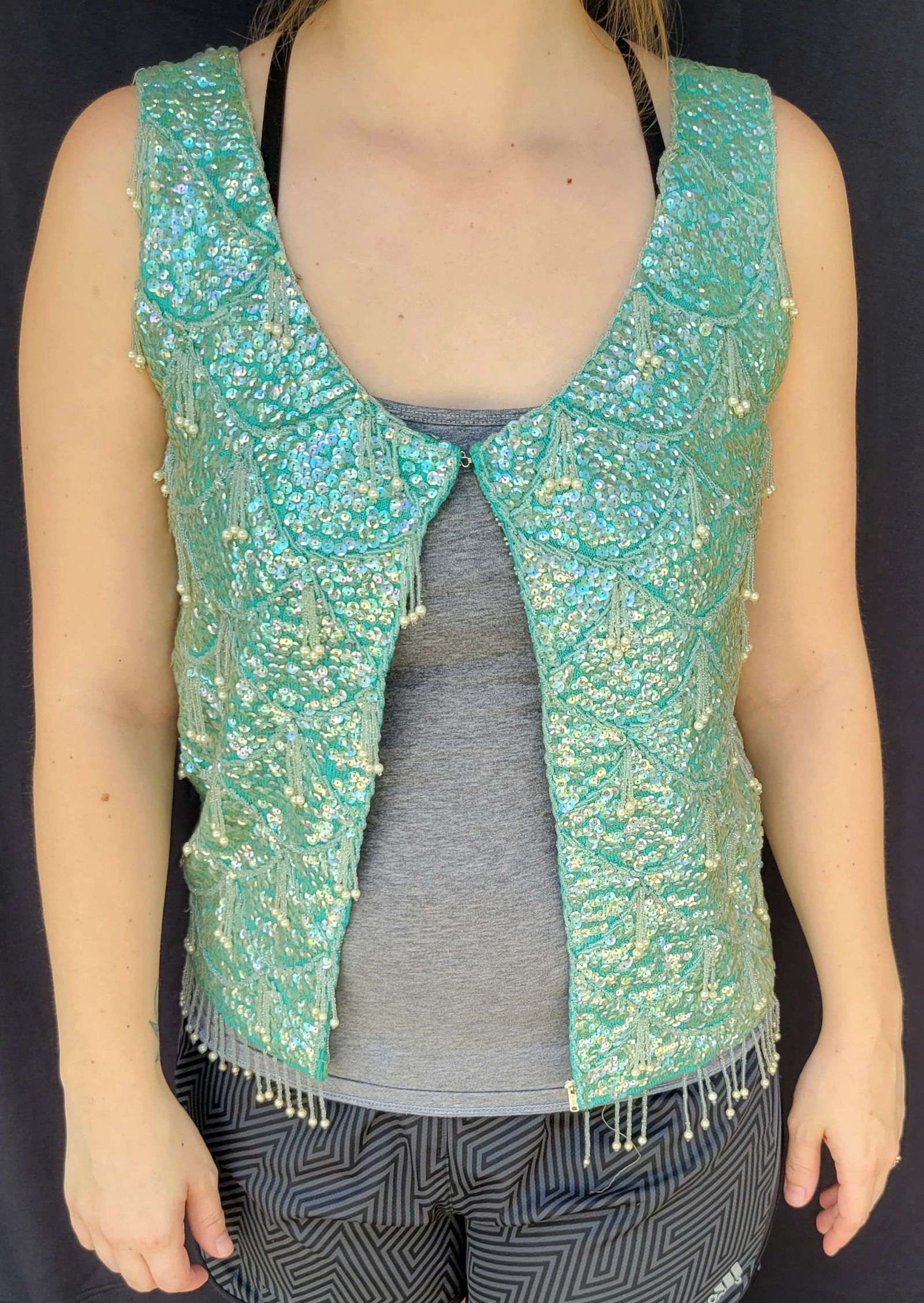 Irene Cara Estate Turquoise Pearl Beaded Sequin Vest COA (1 of 2)