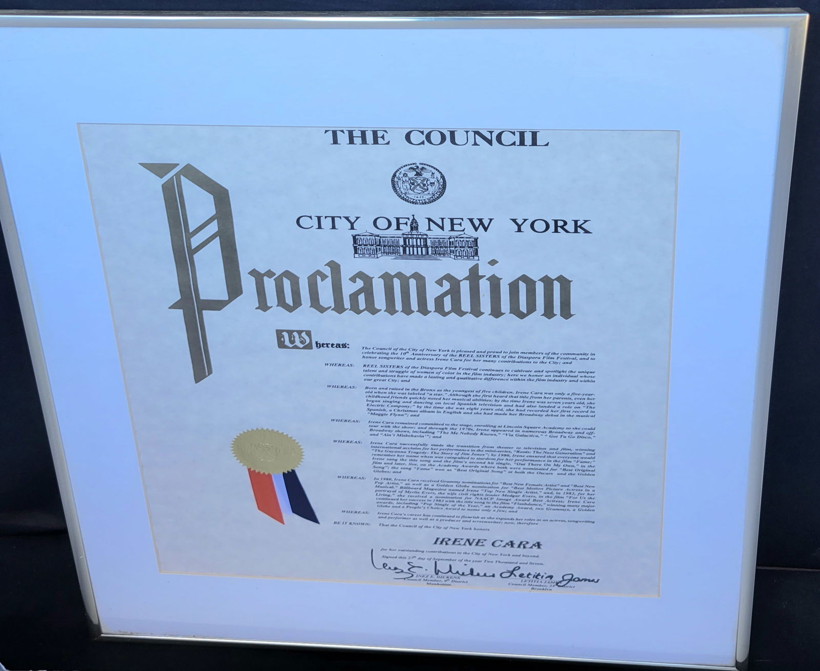 Irene Cara Estate NYC Proclamation Letitia James Inez Dickens 2007 COA (1 of 1)