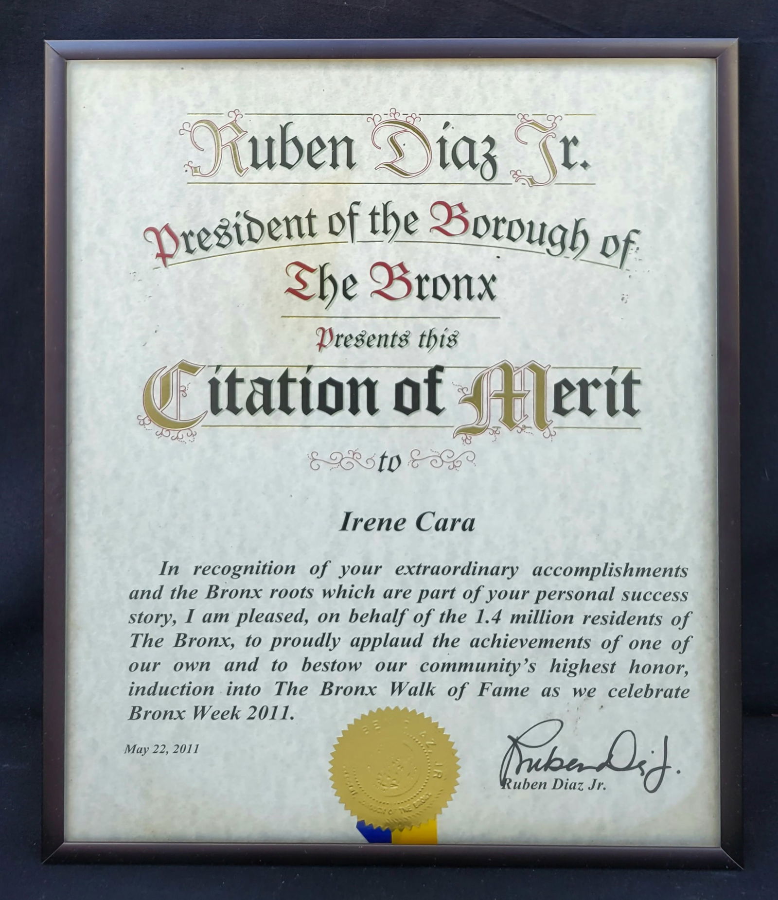 Irene Cara Estate Bronx Borough Citation Of Merit COA (1 of 1)