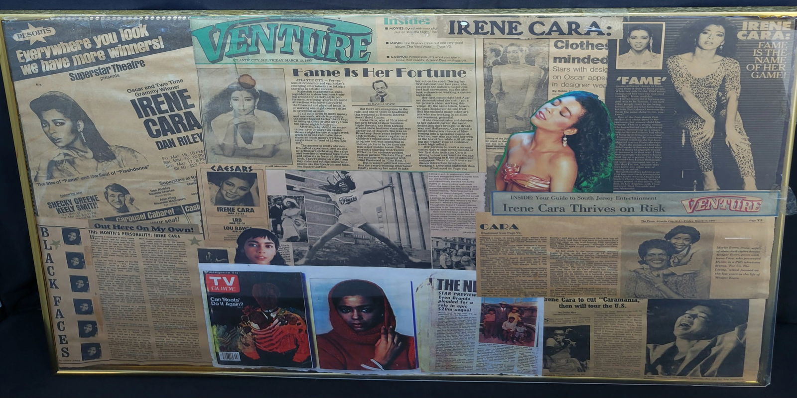 Irene Cara Estate Artists Home Office Newspaper Review Clipping Collage COA: Irene Cara Estate Artists Home Office Newspaper Review Clipping Collage COA. Highlighting many of her most popular and newsworthy achievements, 24.5in x 36.5in x 0.875in framed in metal over taped on